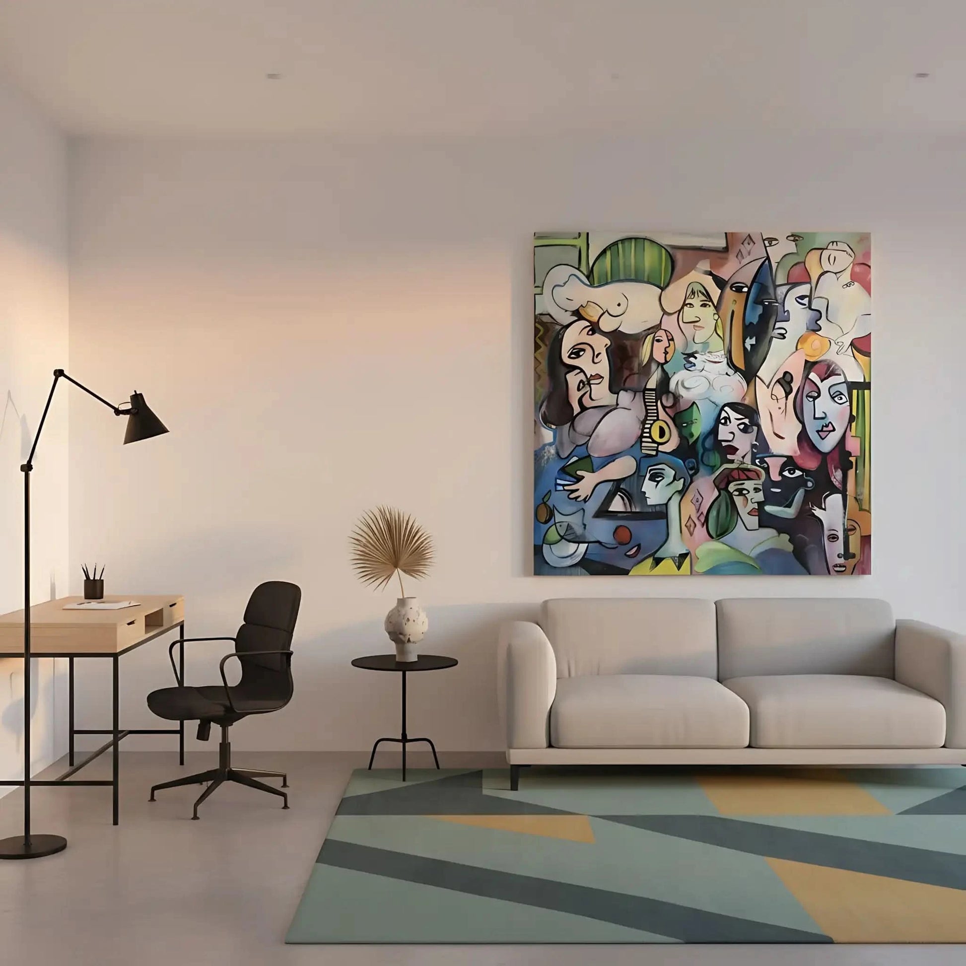 Oeuvre abstraite avec visages colorés, lignes géométriques et ambiance mystérieuse, idéale pour salon ou bureau moderne.