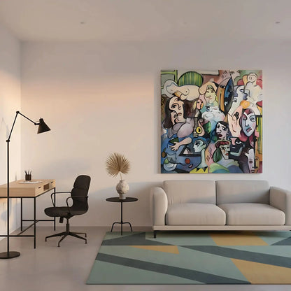 Oeuvre abstraite avec visages colorés, lignes géométriques et ambiance mystérieuse, idéale pour salon ou bureau moderne.
