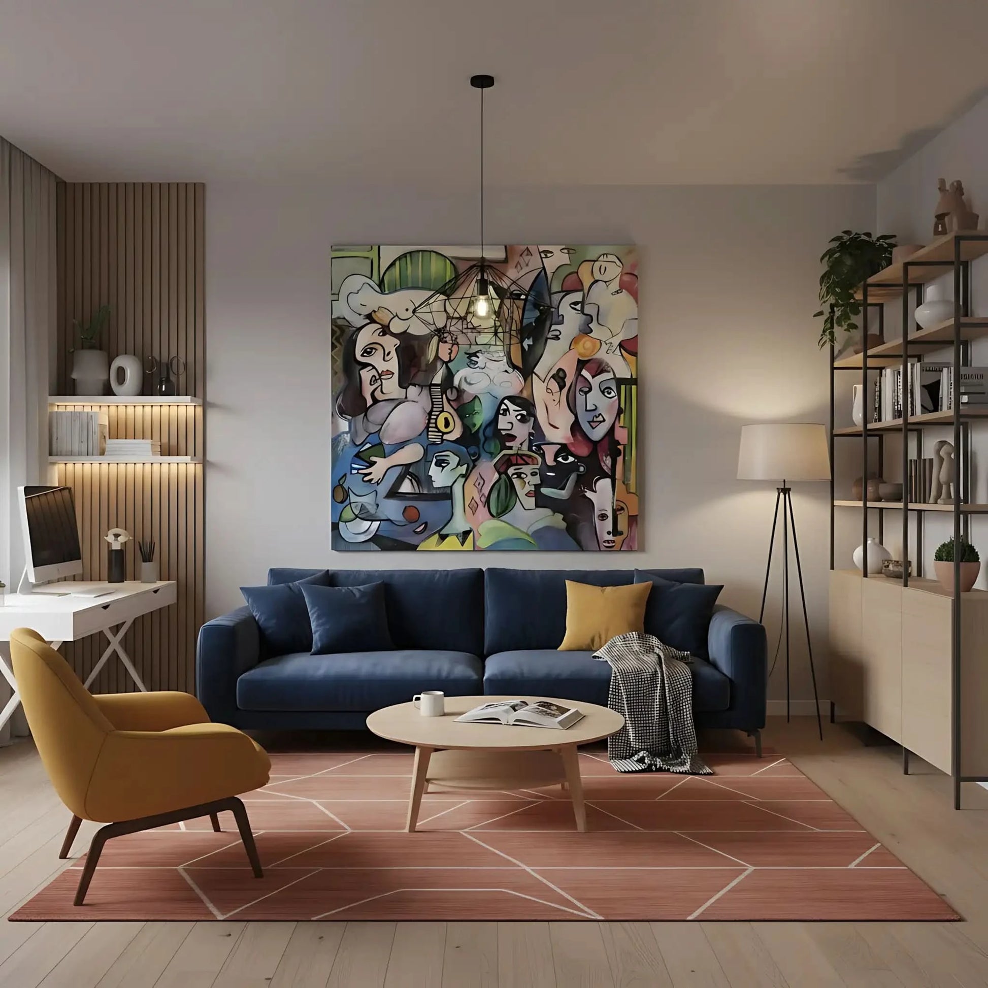 Oeuvre abstraite avec visages colorés, lignes géométriques et ambiance mystérieuse, idéale pour salon ou bureau moderne.