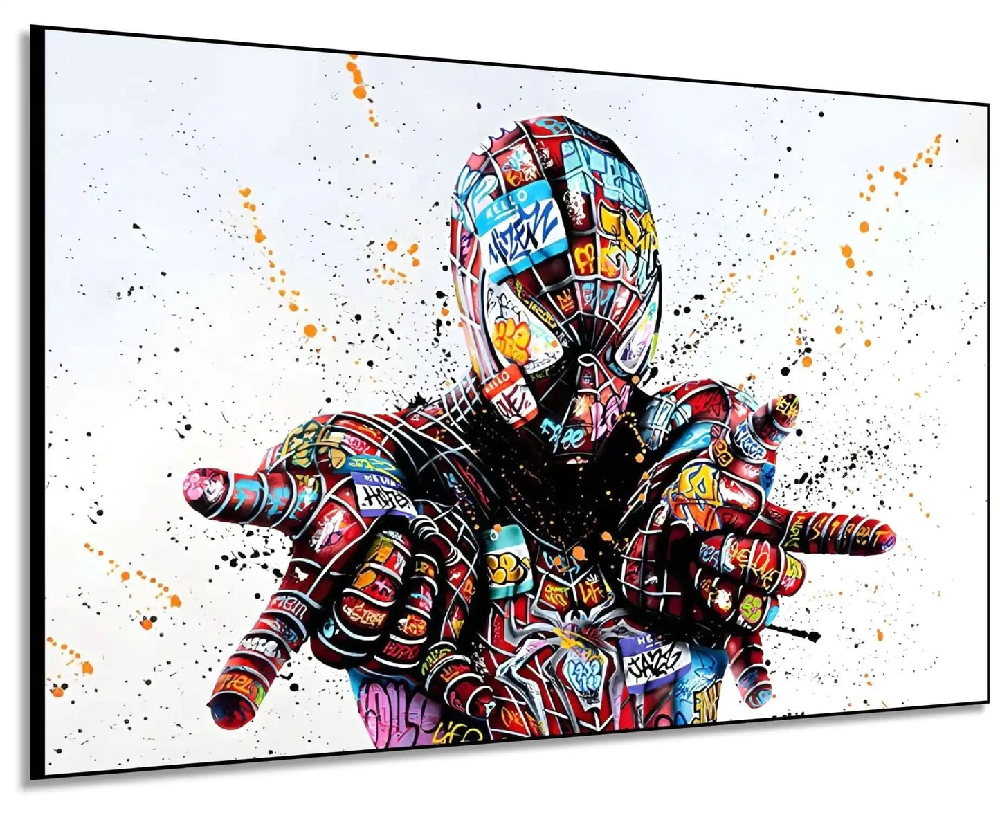 Personnage emblématique en street art, graffitis multicolores, ambiance urbaine et dynamique pour salon moderne.