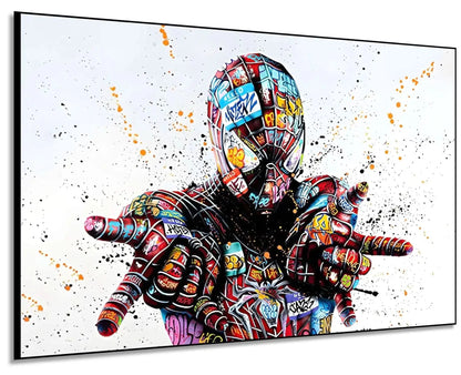 Personnage emblématique en street art, graffitis multicolores, ambiance urbaine et dynamique pour salon moderne.