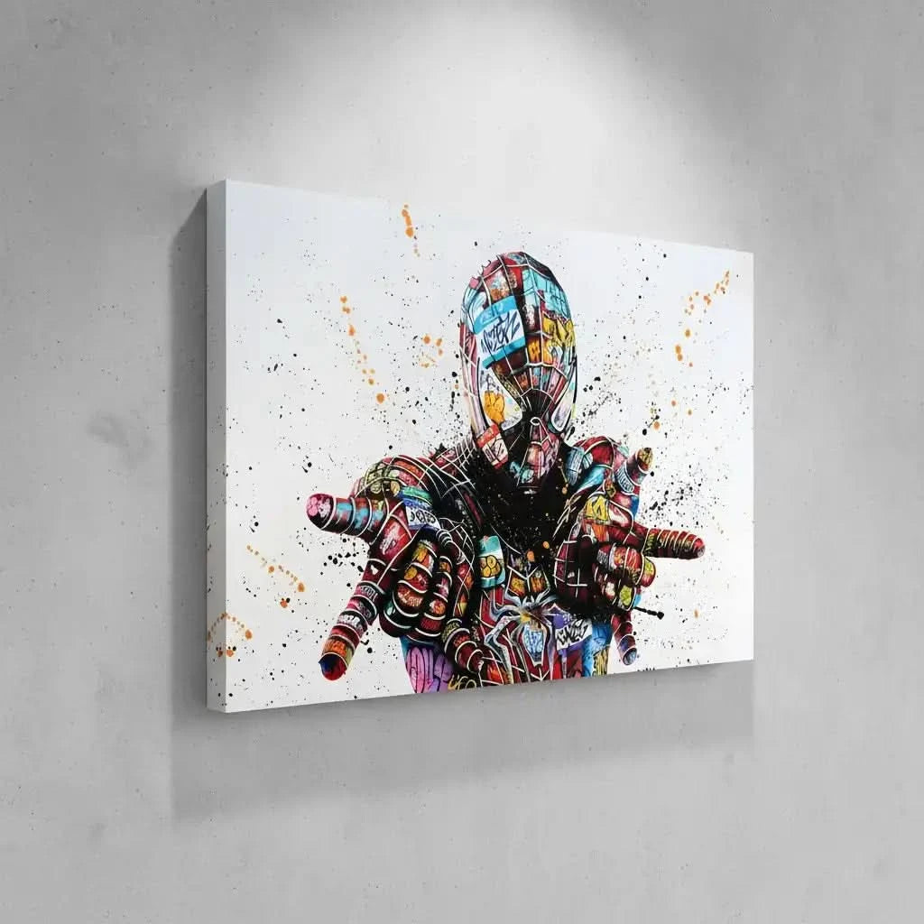 Personnage emblématique en street art, graffitis multicolores, ambiance urbaine et dynamique pour salon moderne.