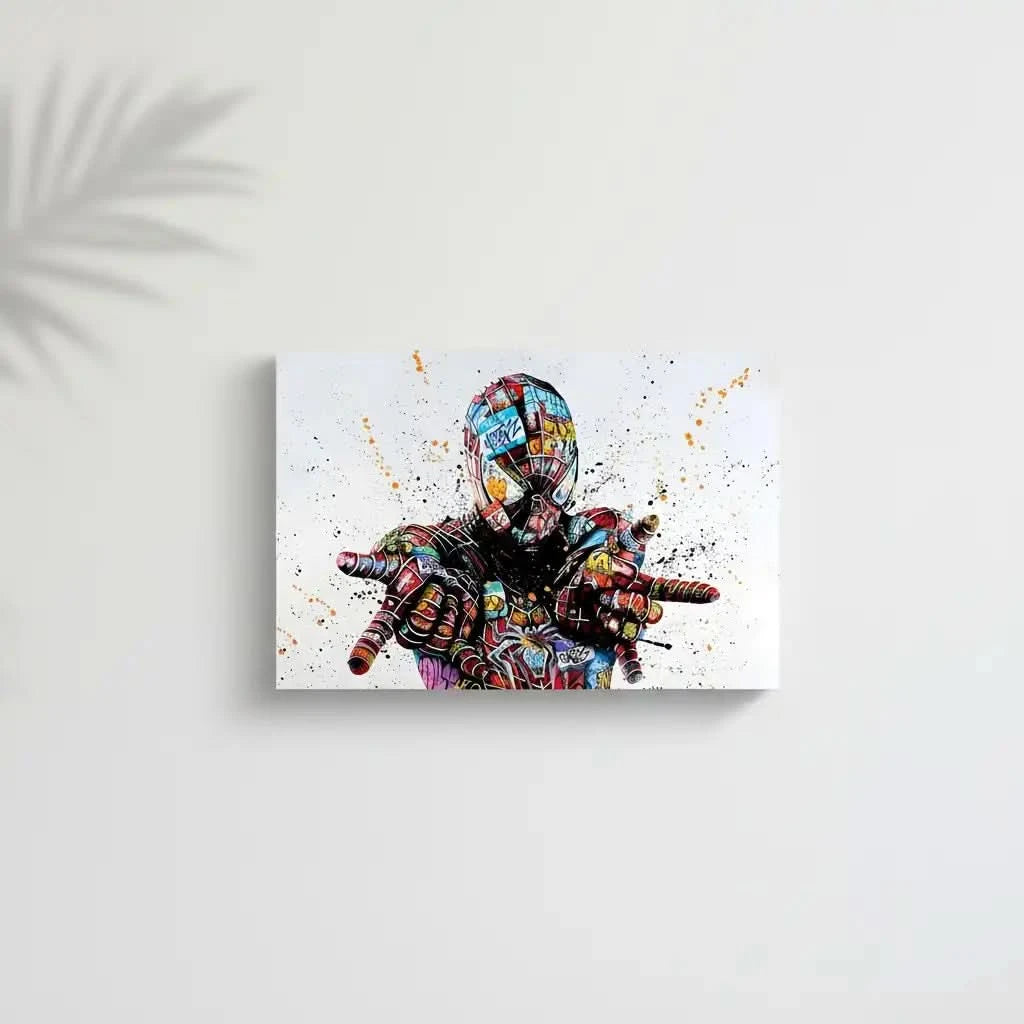 Personnage emblématique en street art, graffitis multicolores, ambiance urbaine et dynamique pour salon moderne.