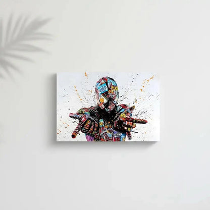 Personnage emblématique en street art, graffitis multicolores, ambiance urbaine et dynamique pour salon moderne.