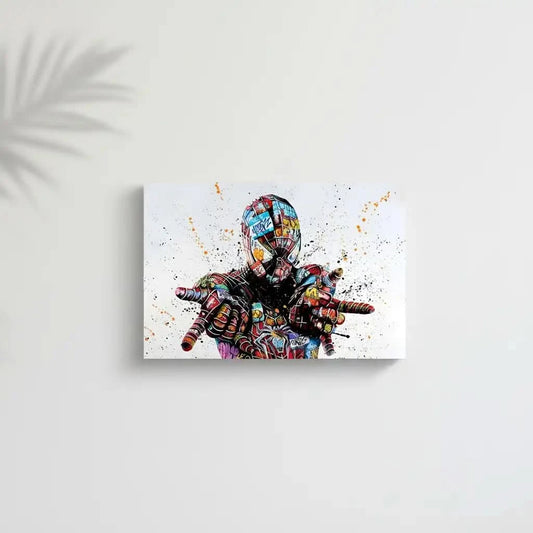 Personnage emblématique en street art, graffitis multicolores, ambiance urbaine et dynamique pour salon moderne.