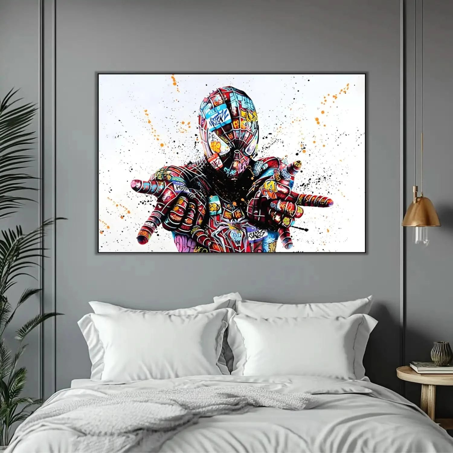 Personnage emblématique en street art, graffitis multicolores, ambiance urbaine et dynamique pour salon moderne.