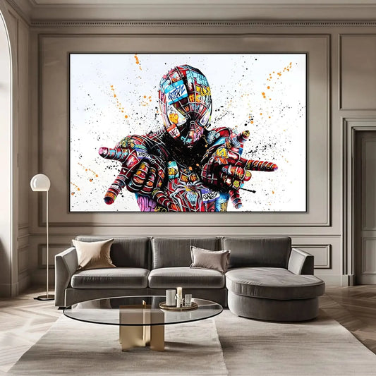 Personnage emblématique en street art, graffitis multicolores, ambiance urbaine et dynamique pour salon moderne.