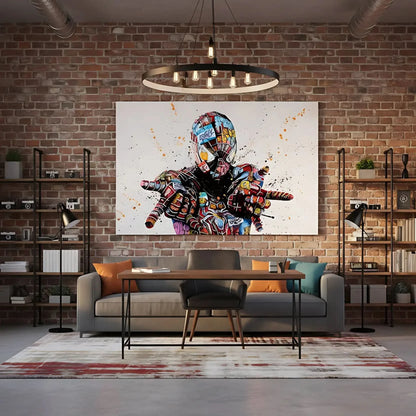 Personnage emblématique en street art, graffitis multicolores, ambiance urbaine et dynamique pour salon moderne.