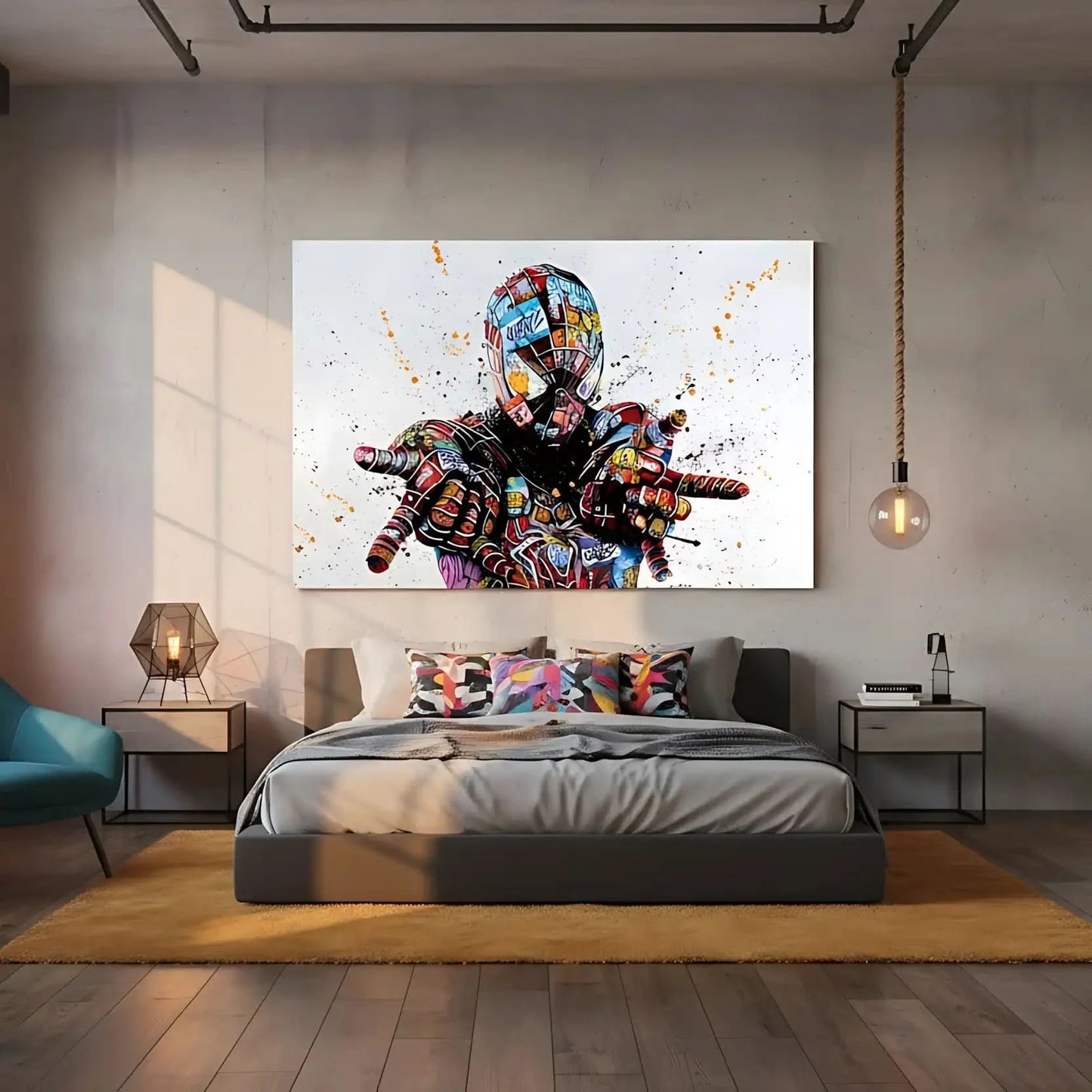 Personnage emblématique en street art, graffitis multicolores, ambiance urbaine et dynamique pour salon moderne.