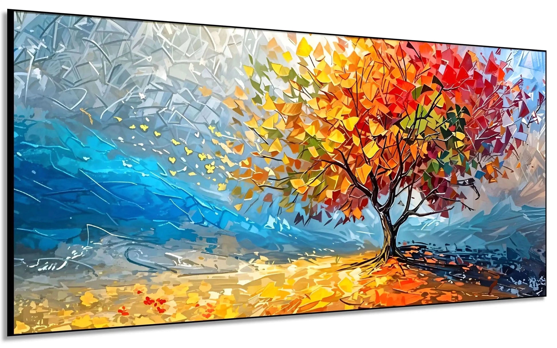 Arbre impressionniste aux feuilles multicolores sur ciel bleu abstrait, apportant énergie vibrante pour salon ou bureau.