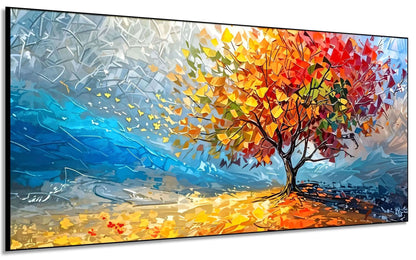 Arbre impressionniste aux feuilles multicolores sur ciel bleu abstrait, apportant énergie vibrante pour salon ou bureau.