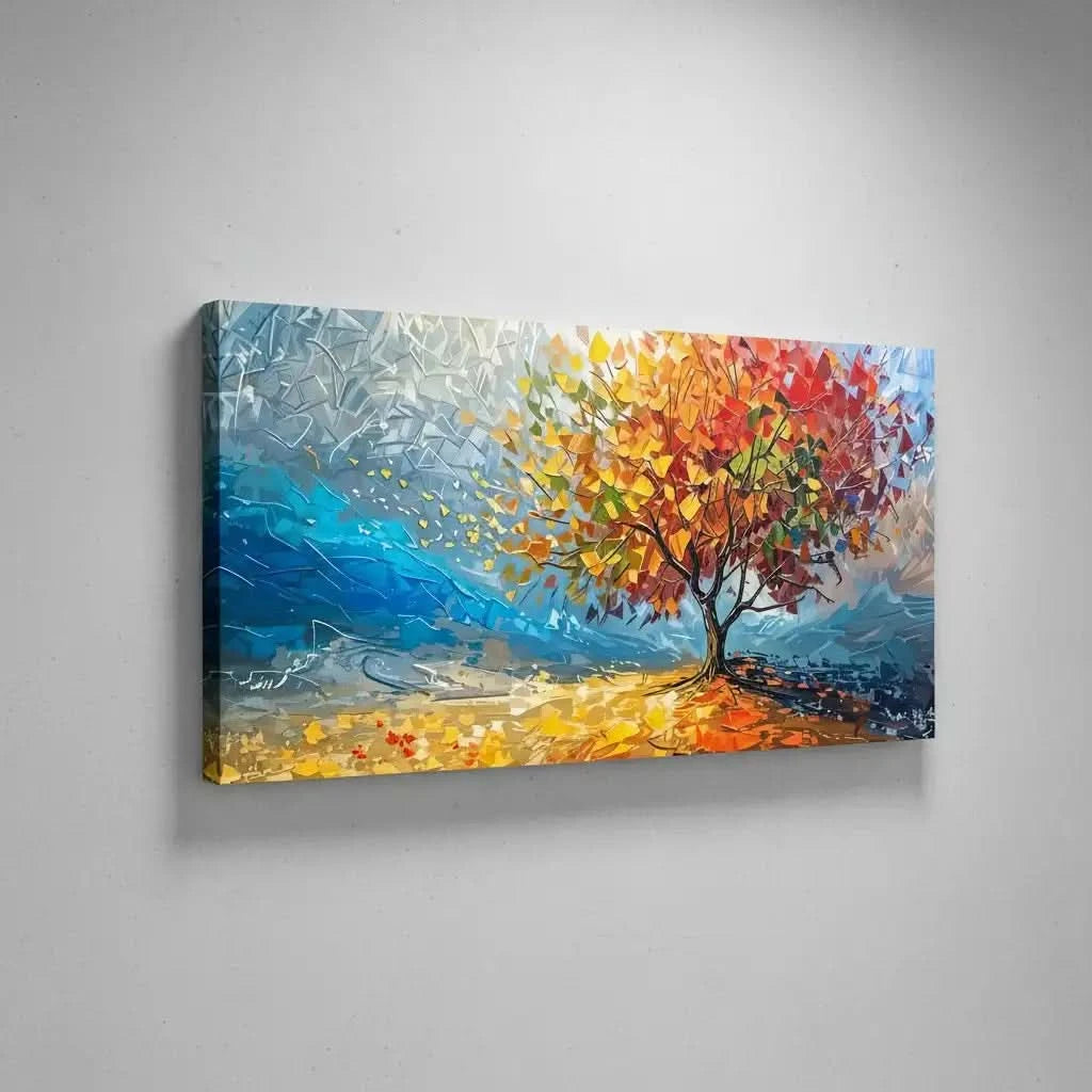 Arbre impressionniste aux feuilles multicolores sur ciel bleu abstrait, apportant énergie vibrante pour salon ou bureau.