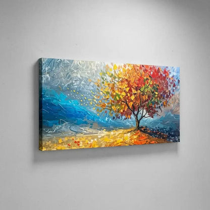 Arbre impressionniste aux feuilles multicolores sur ciel bleu abstrait, apportant énergie vibrante pour salon ou bureau.