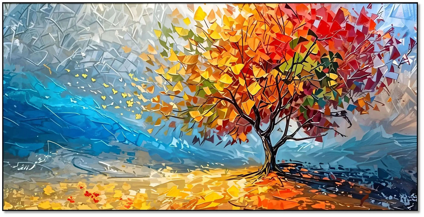 Arbre impressionniste aux feuilles multicolores sur ciel bleu abstrait, apportant énergie vibrante pour salon ou bureau.