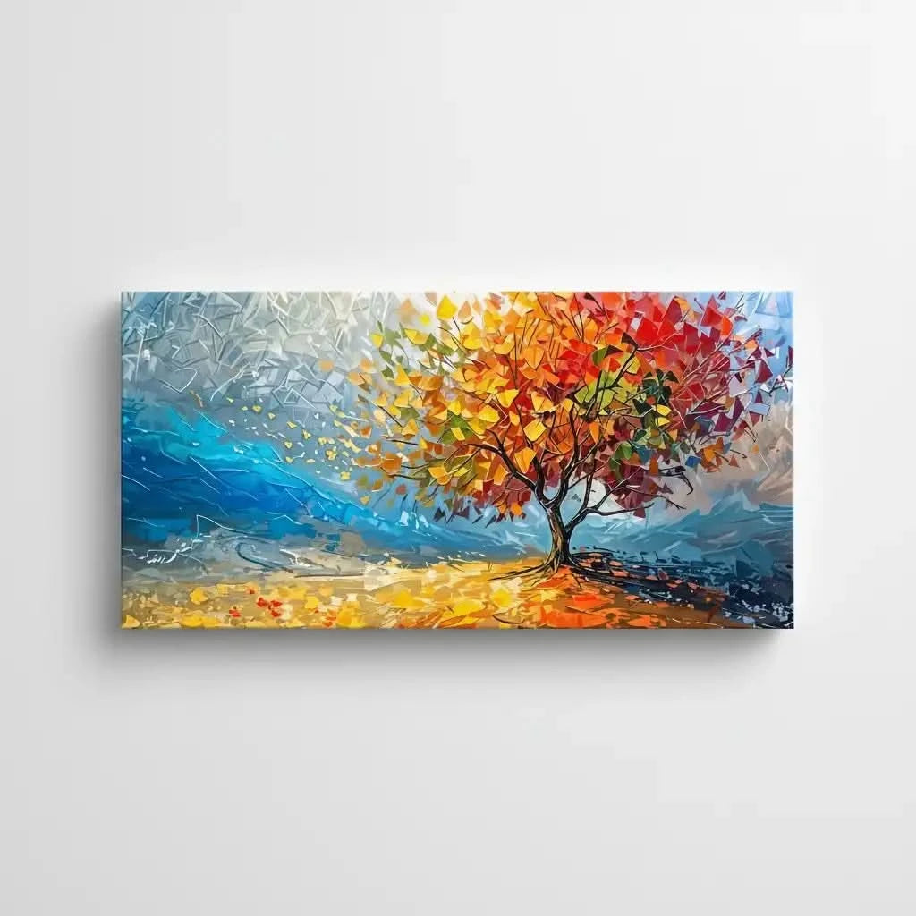 Arbre impressionniste aux feuilles multicolores sur ciel bleu abstrait, apportant énergie vibrante pour salon ou bureau.