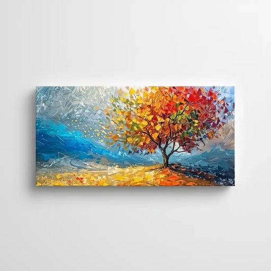 Arbre impressionniste aux feuilles multicolores sur ciel bleu abstrait, apportant énergie vibrante pour salon ou bureau.