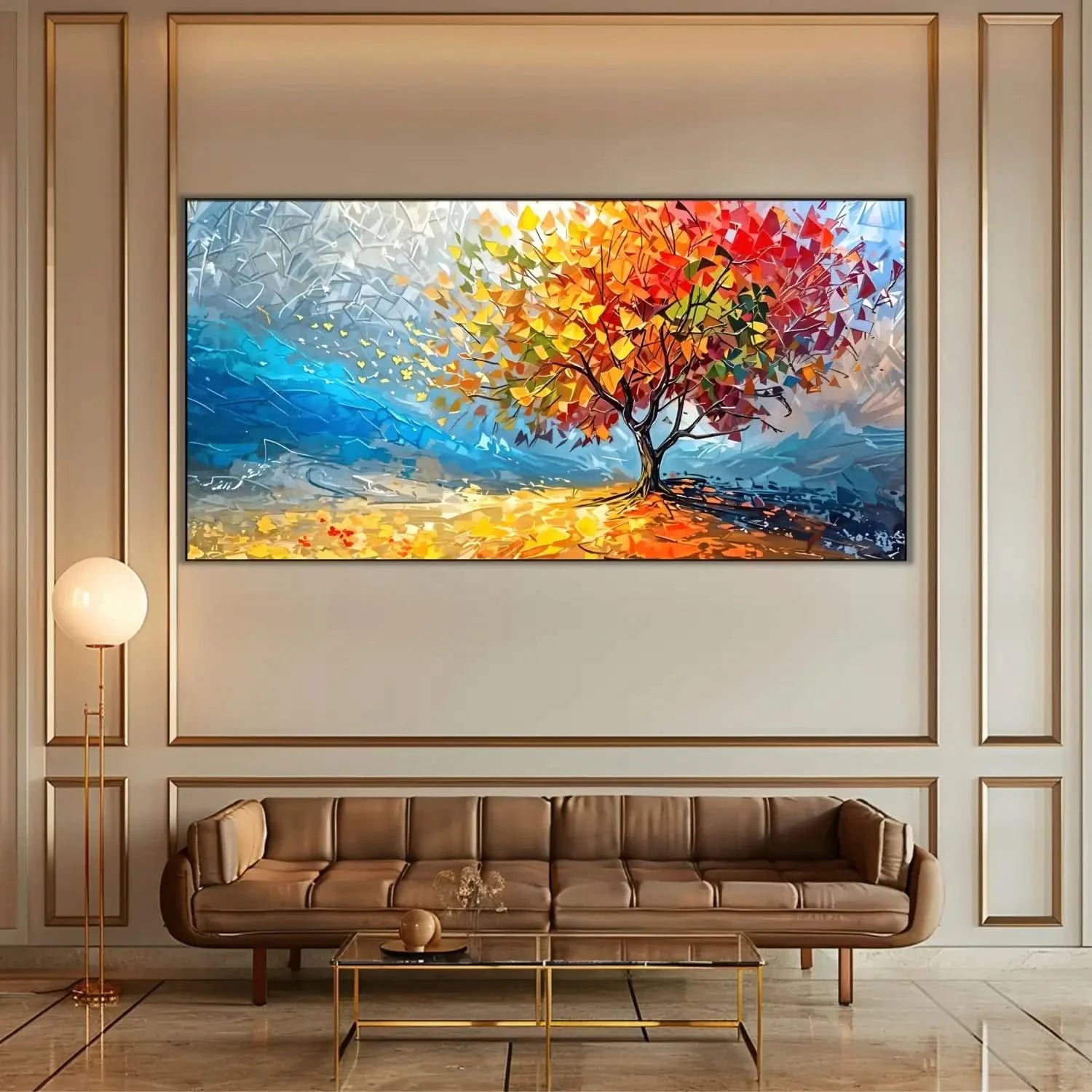 Arbre impressionniste aux feuilles multicolores sur ciel bleu abstrait, apportant énergie vibrante pour salon ou bureau.