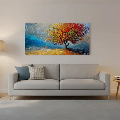 Arbre impressionniste aux feuilles multicolores sur ciel bleu abstrait, apportant énergie vibrante pour salon ou bureau.
