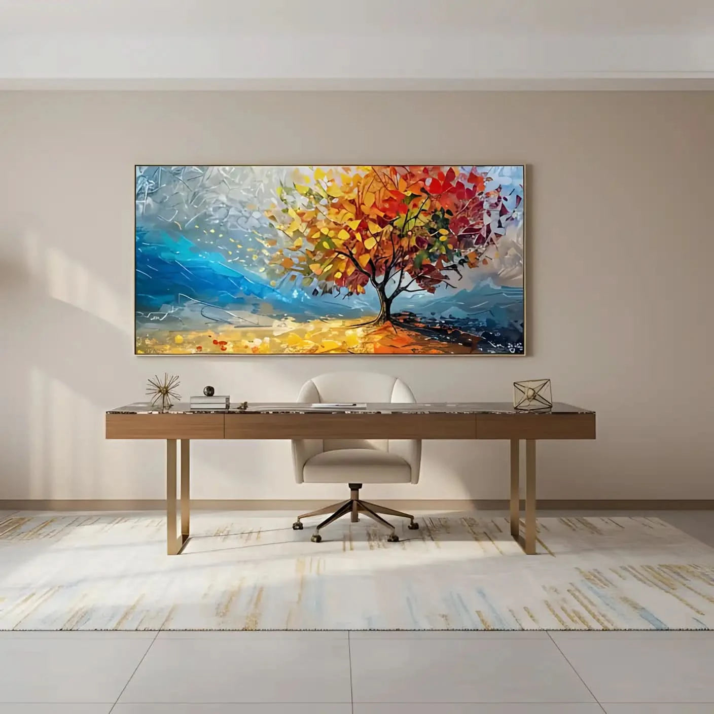 Arbre impressionniste aux feuilles multicolores sur ciel bleu abstrait, apportant énergie vibrante pour salon ou bureau.