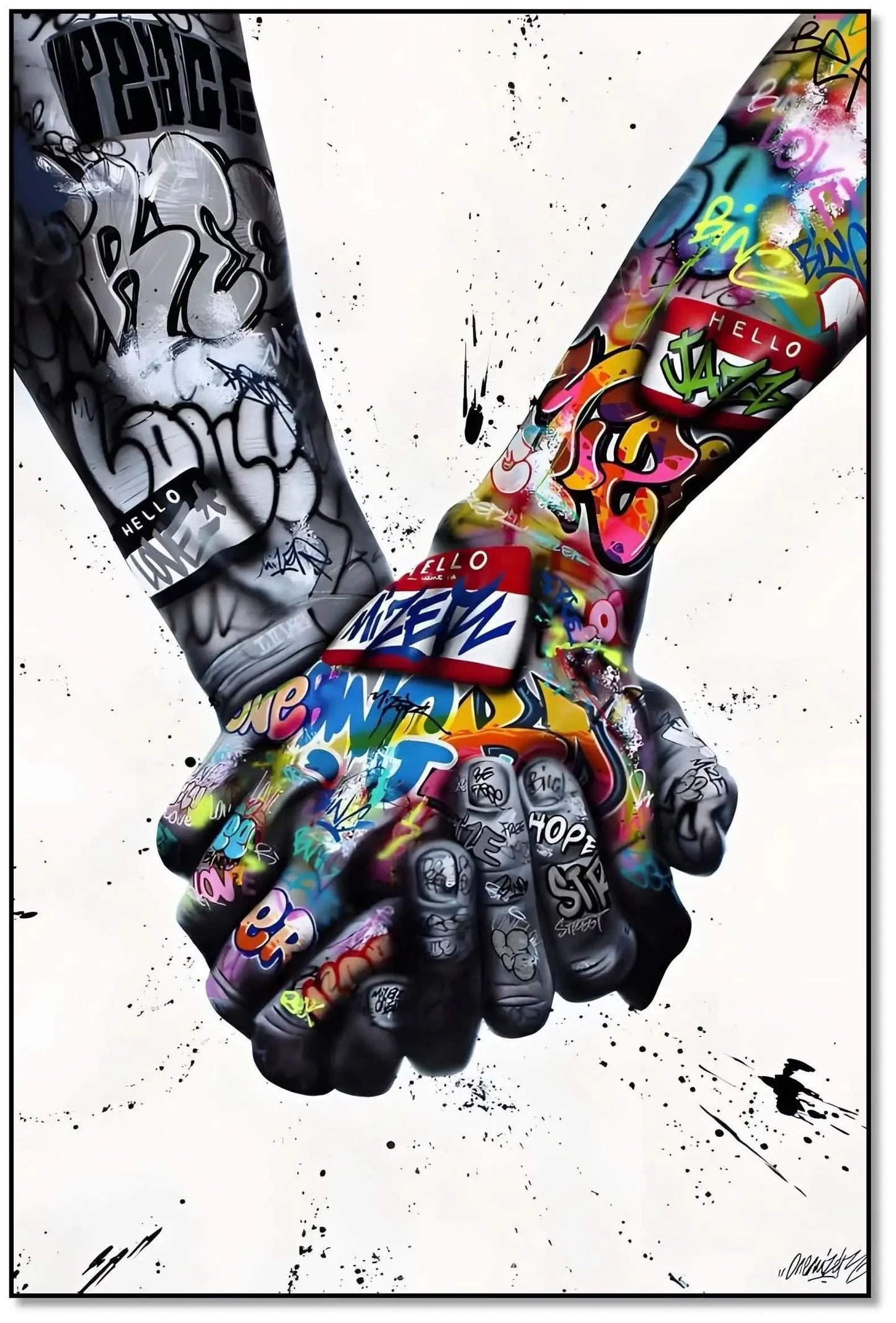 Deux mains entrelacées en street art, contrastes noir et blanc et couleurs vives, ambiance urbaine et message de solidarité.