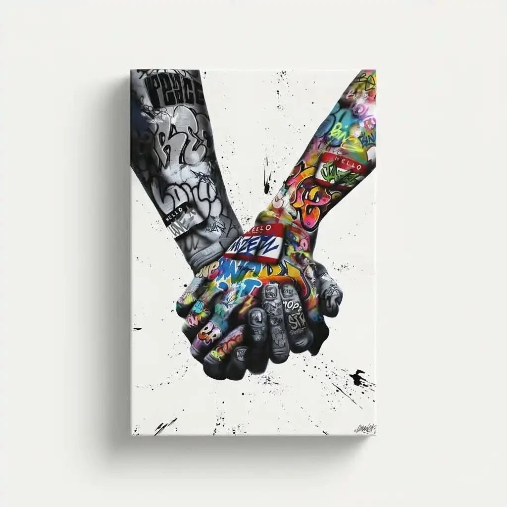 Deux mains entrelacées en street art, contrastes noir et blanc et couleurs vives, ambiance urbaine et message de solidarité.
