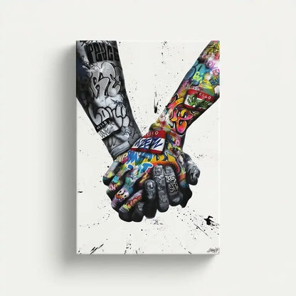 Deux mains entrelacées en street art, contrastes noir et blanc et couleurs vives, ambiance urbaine et message de solidarité.