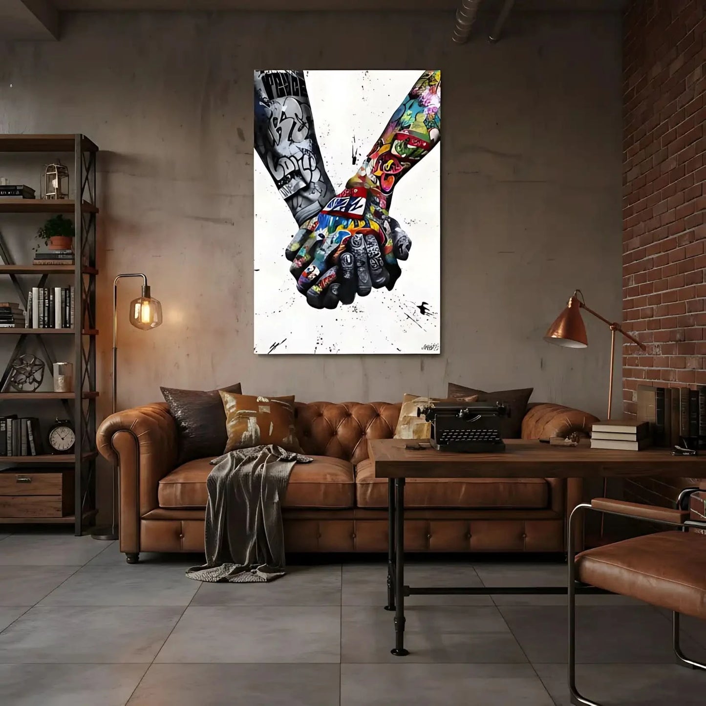 Deux mains entrelacées en street art, contrastes noir et blanc et couleurs vives, ambiance urbaine et message de solidarité.