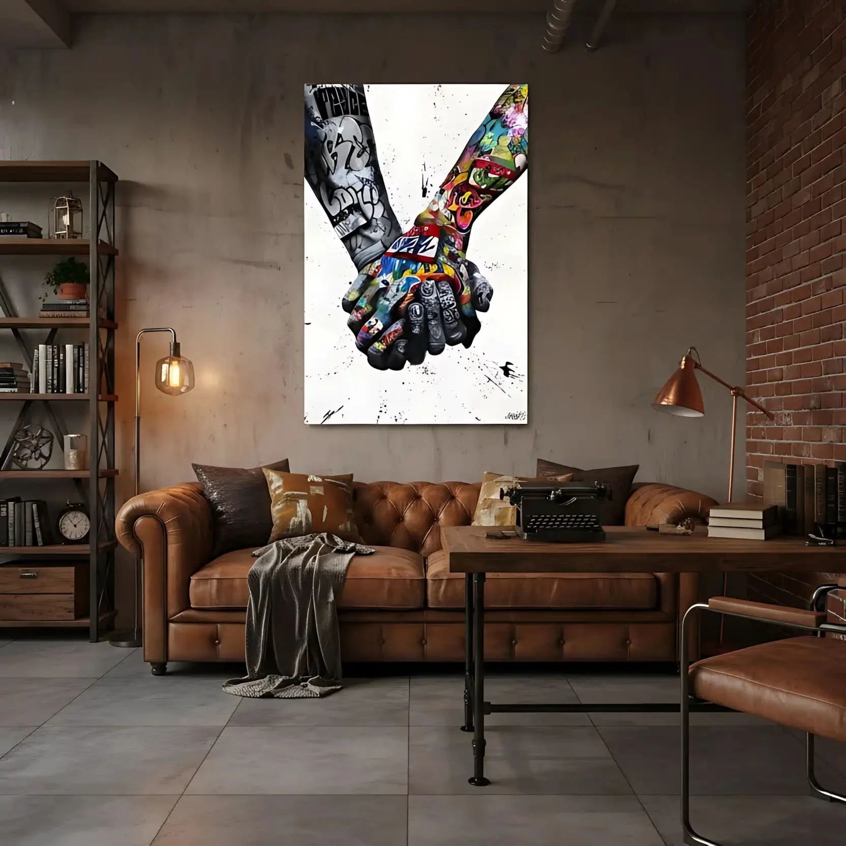 Deux mains entrelacées en street art, contrastes noir et blanc et couleurs vives, ambiance urbaine et message de solidarité.