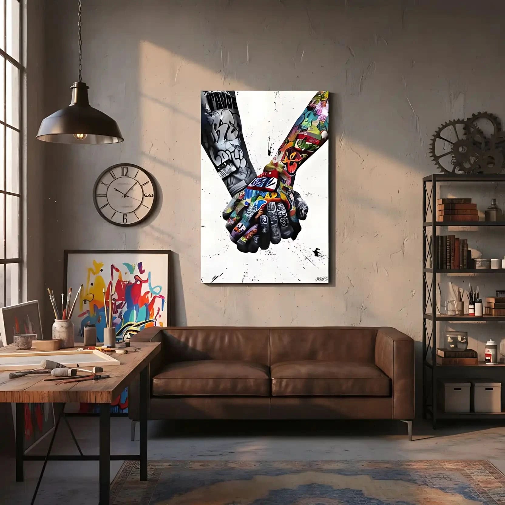 Deux mains entrelacées en street art, contrastes noir et blanc et couleurs vives, ambiance urbaine et message de solidarité.