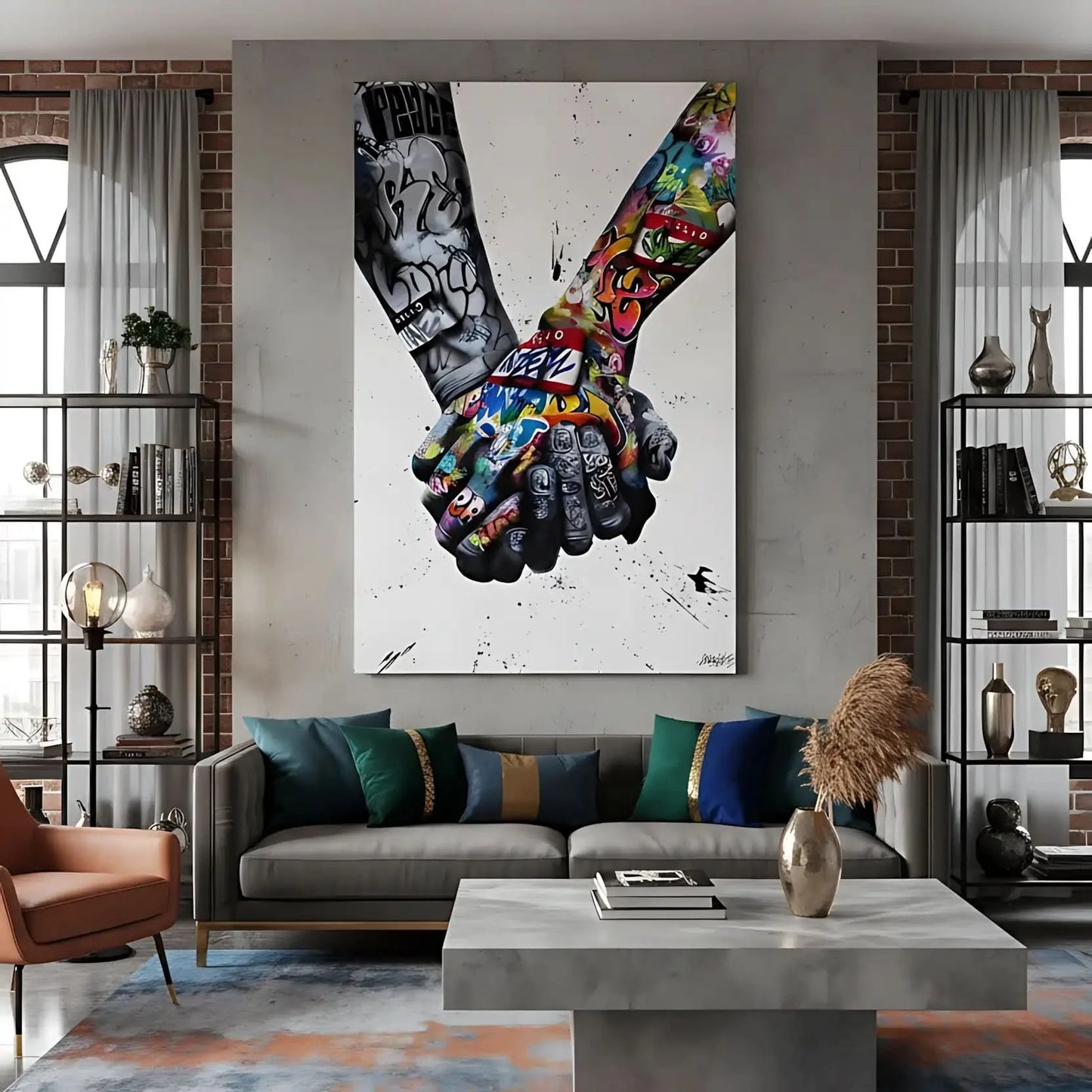 Deux mains entrelacées en street art, contrastes noir et blanc et couleurs vives, ambiance urbaine et message de solidarité.