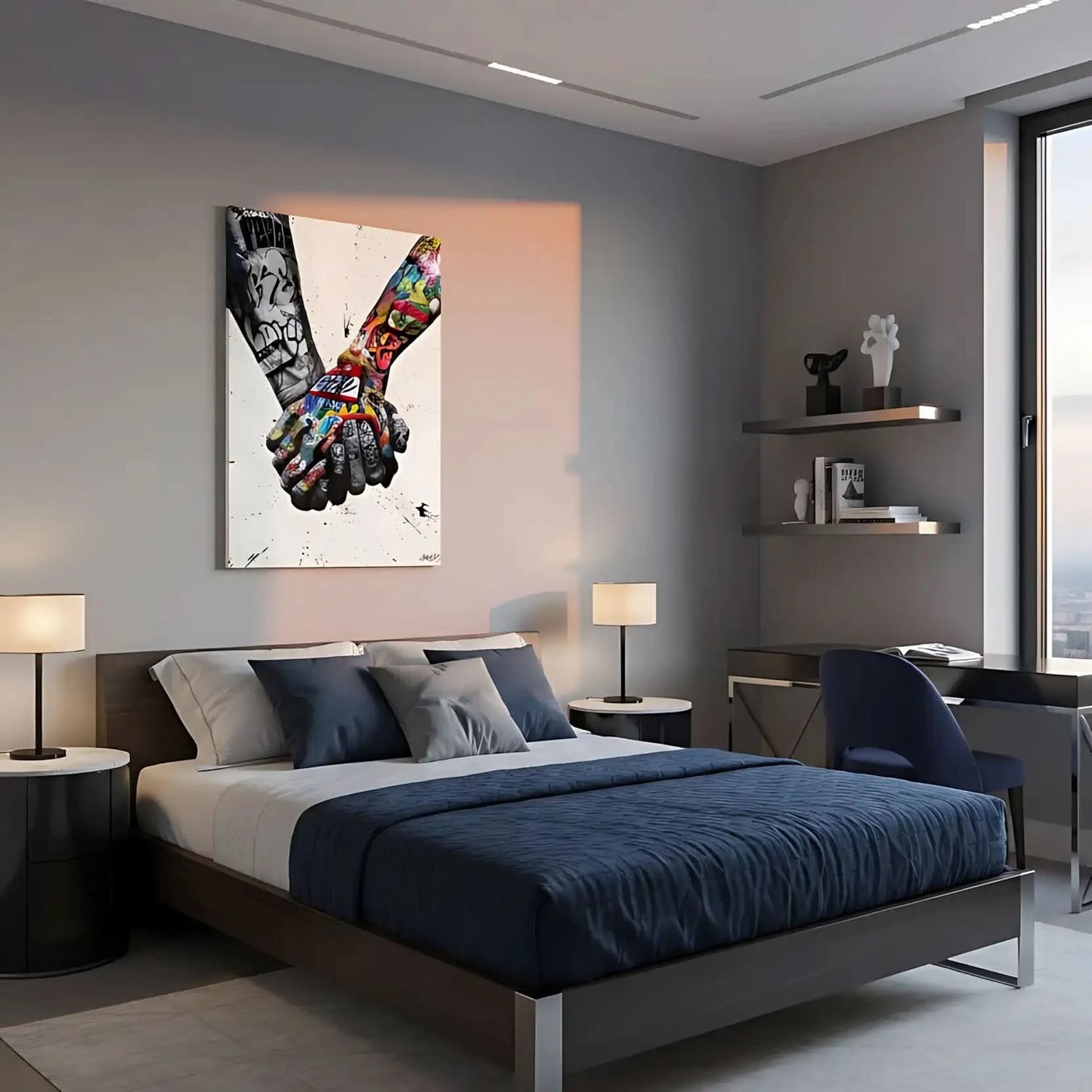 Deux mains entrelacées en street art, contrastes noir et blanc et couleurs vives, ambiance urbaine et message de solidarité.