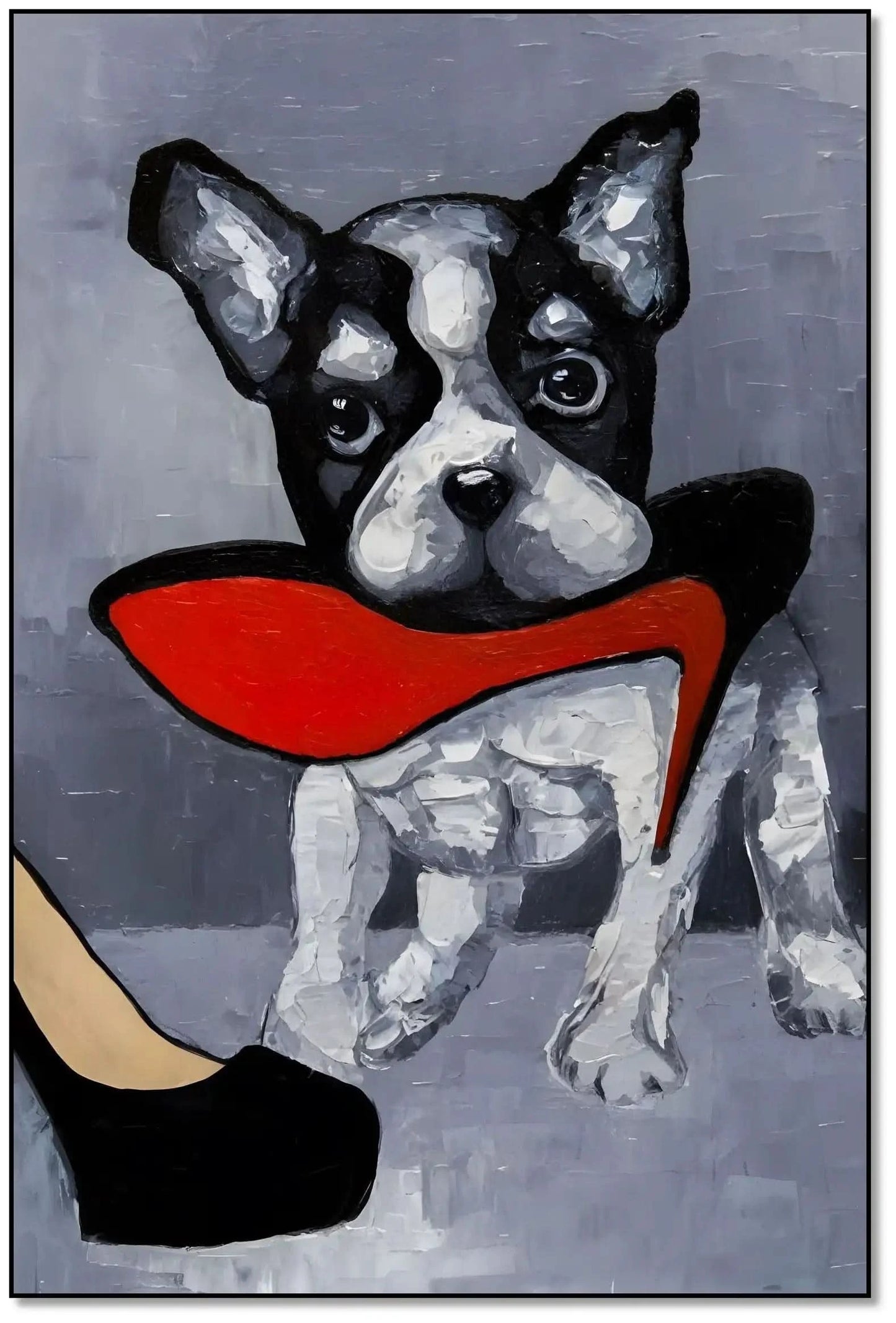 Chien noir et blanc avec talon rouge vif, fond gris, ambiance ludique et élégante pour salon moderne.
