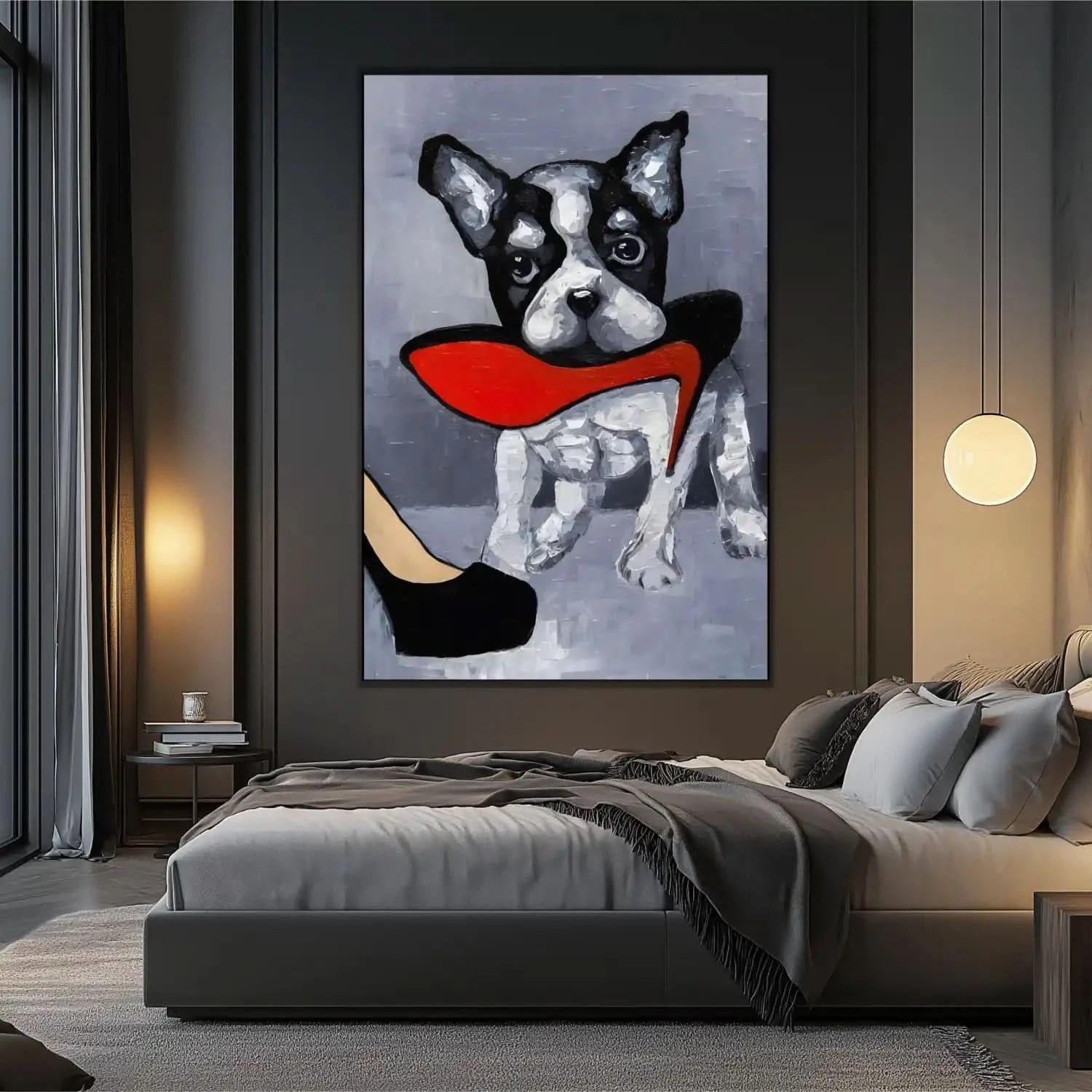 Chien noir et blanc avec talon rouge vif, fond gris, ambiance ludique et élégante pour salon moderne.