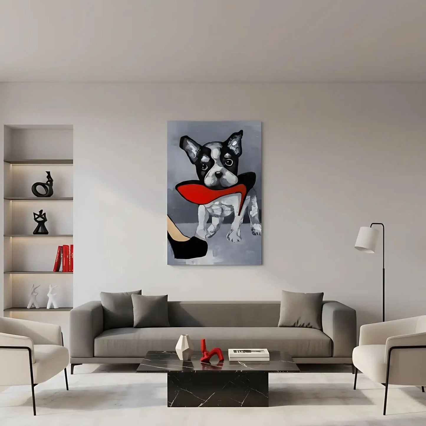 Chien noir et blanc avec talon rouge vif, fond gris, ambiance ludique et élégante pour salon moderne.