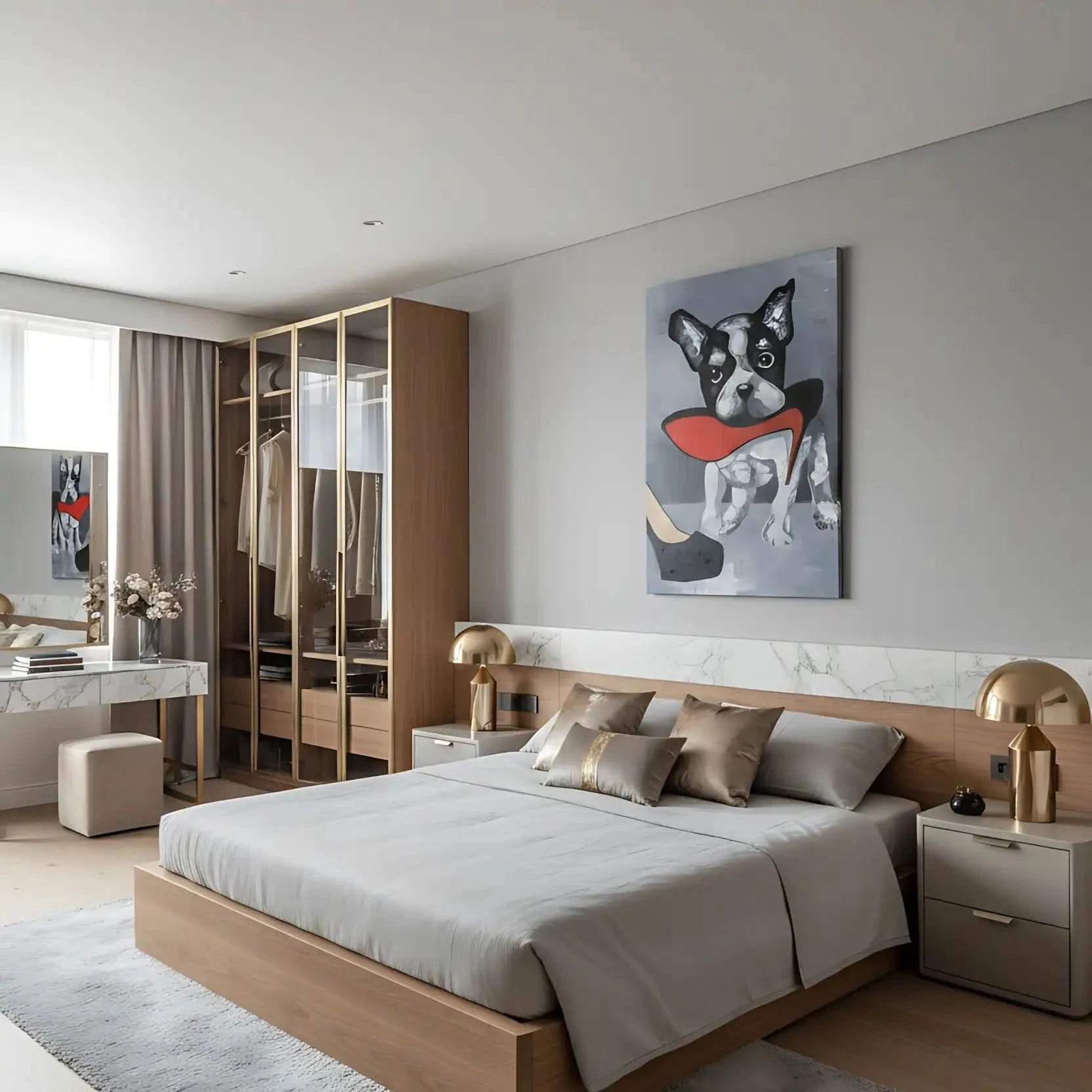 Chien noir et blanc avec talon rouge vif, fond gris, ambiance ludique et élégante pour salon moderne.