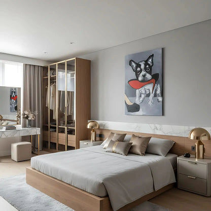 Chien noir et blanc avec talon rouge vif, fond gris, ambiance ludique et élégante pour salon moderne.