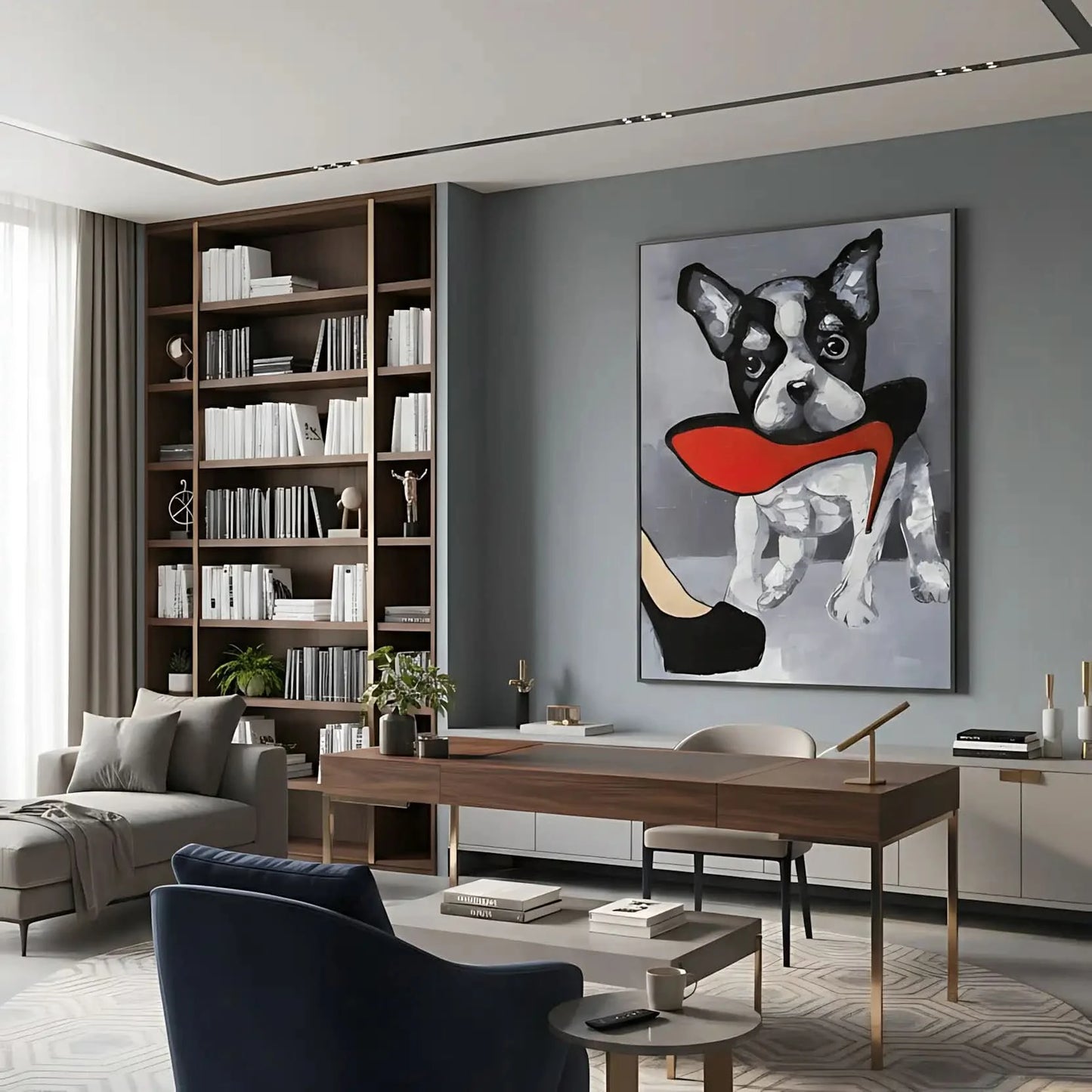Chien noir et blanc avec talon rouge vif, fond gris, ambiance ludique et élégante pour salon moderne.