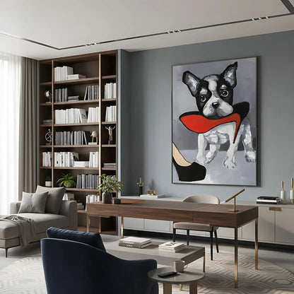 Chien noir et blanc avec talon rouge vif, fond gris, ambiance ludique et élégante pour salon moderne.