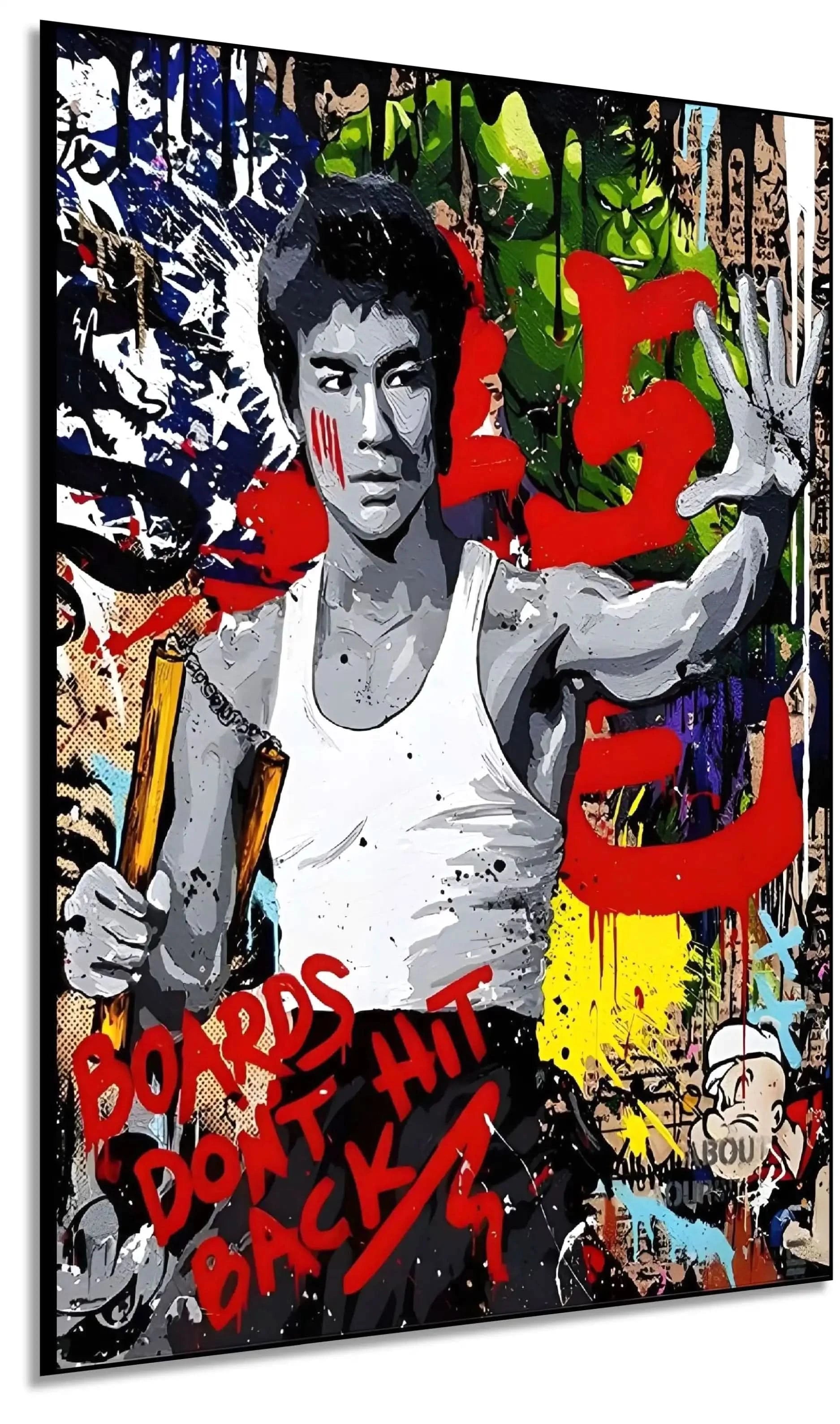 Portrait pop art en noir et blanc avec couleurs vives, ambiance énergique et dynamique pour salon moderne ou bureau.