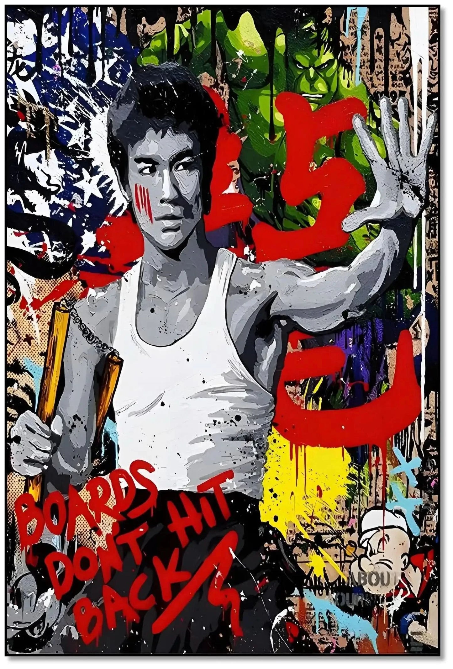 Portrait pop art en noir et blanc avec couleurs vives, ambiance énergique et dynamique pour salon moderne ou bureau.