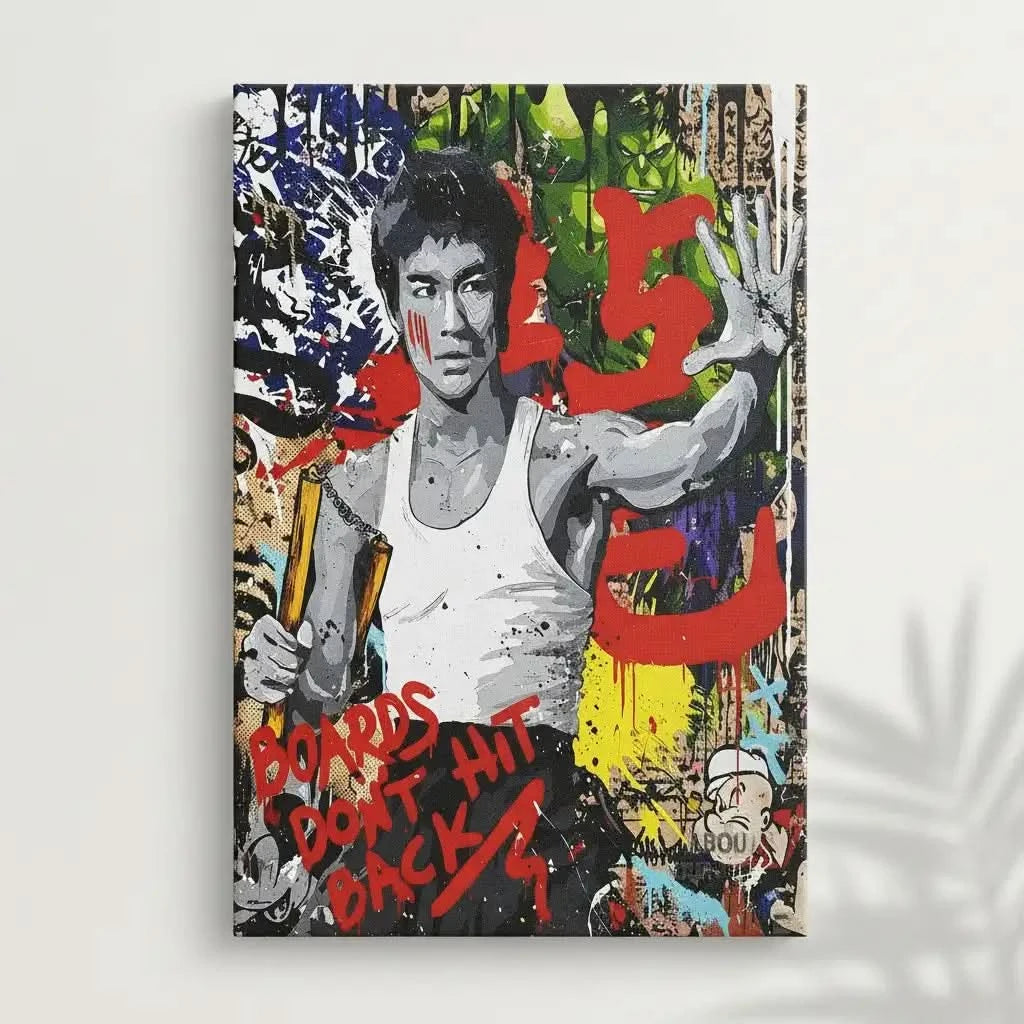 Portrait pop art en noir et blanc avec couleurs vives, ambiance énergique et dynamique pour salon moderne ou bureau.