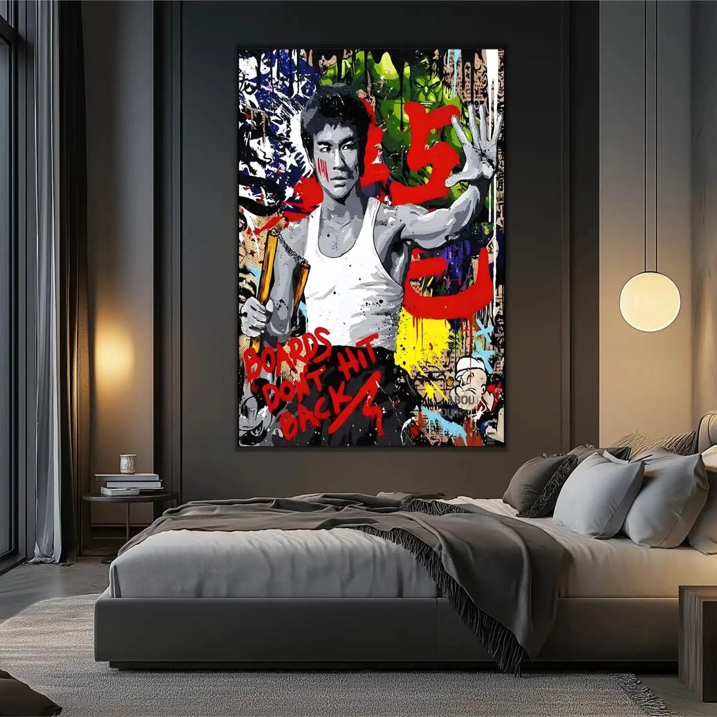 Portrait pop art en noir et blanc avec couleurs vives, ambiance énergique et dynamique pour salon moderne ou bureau.