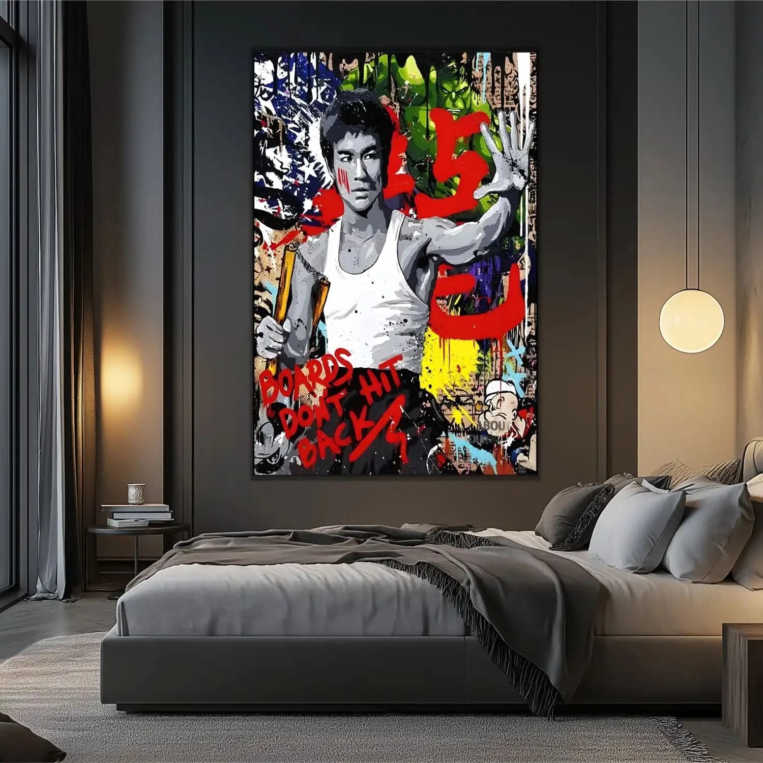 Portrait pop art en noir et blanc avec couleurs vives, ambiance énergique et dynamique pour salon moderne ou bureau.