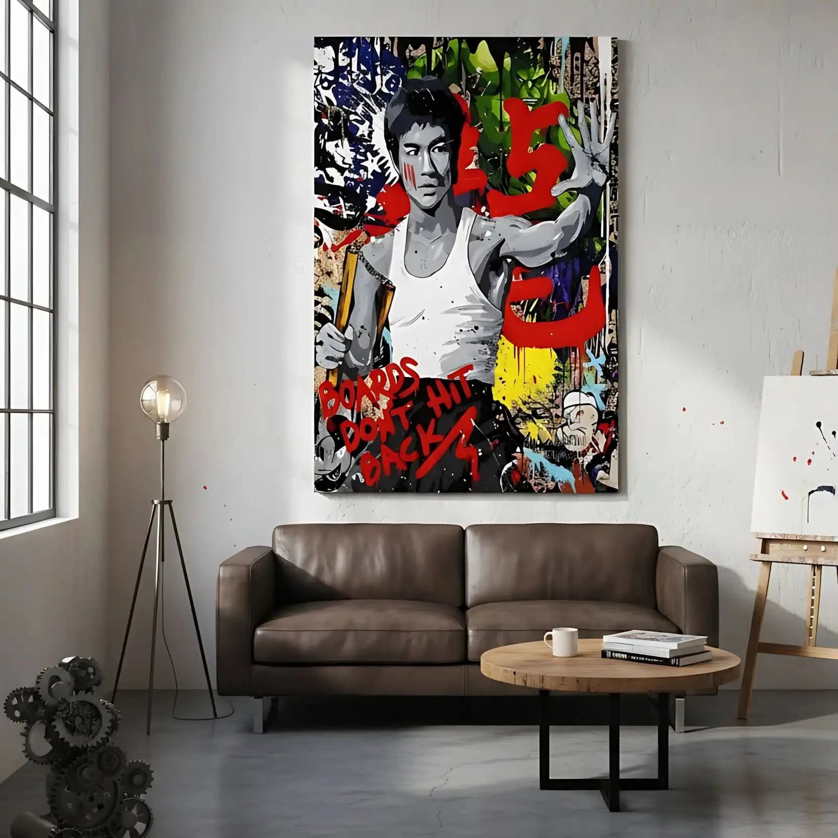 Portrait pop art en noir et blanc avec couleurs vives, ambiance énergique et dynamique pour salon moderne ou bureau.