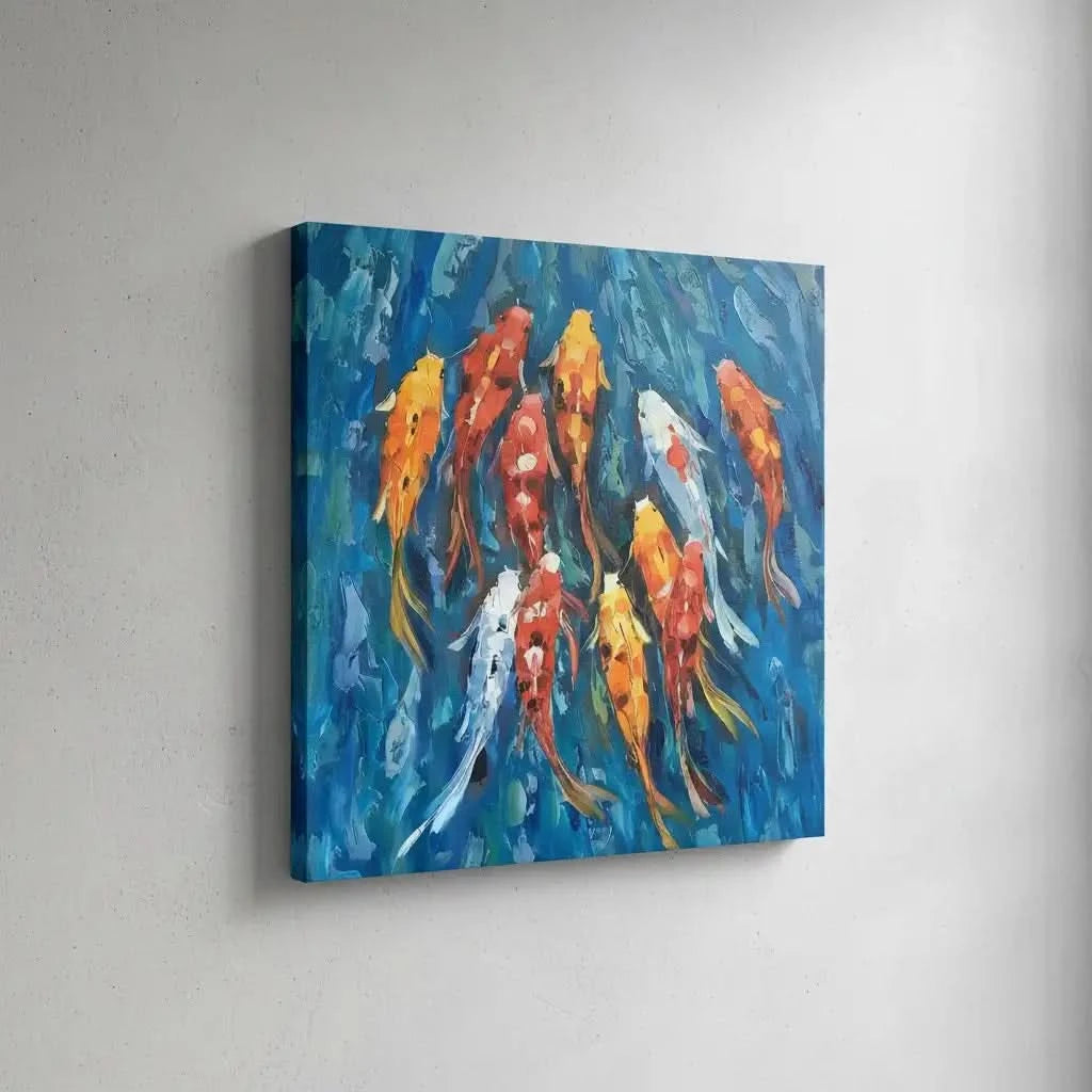 Peinture de carpes koï aux teintes rouges, oranges et blanches, nageant dans des eaux bleu profond, ambiance sereine et dynamic.