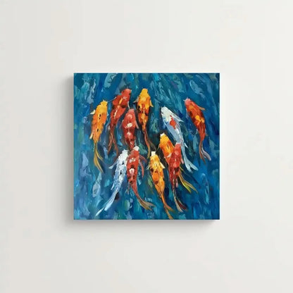 Peinture de carpes koï aux teintes rouges, oranges et blanches, nageant dans des eaux bleu profond, ambiance sereine et dynamic.
