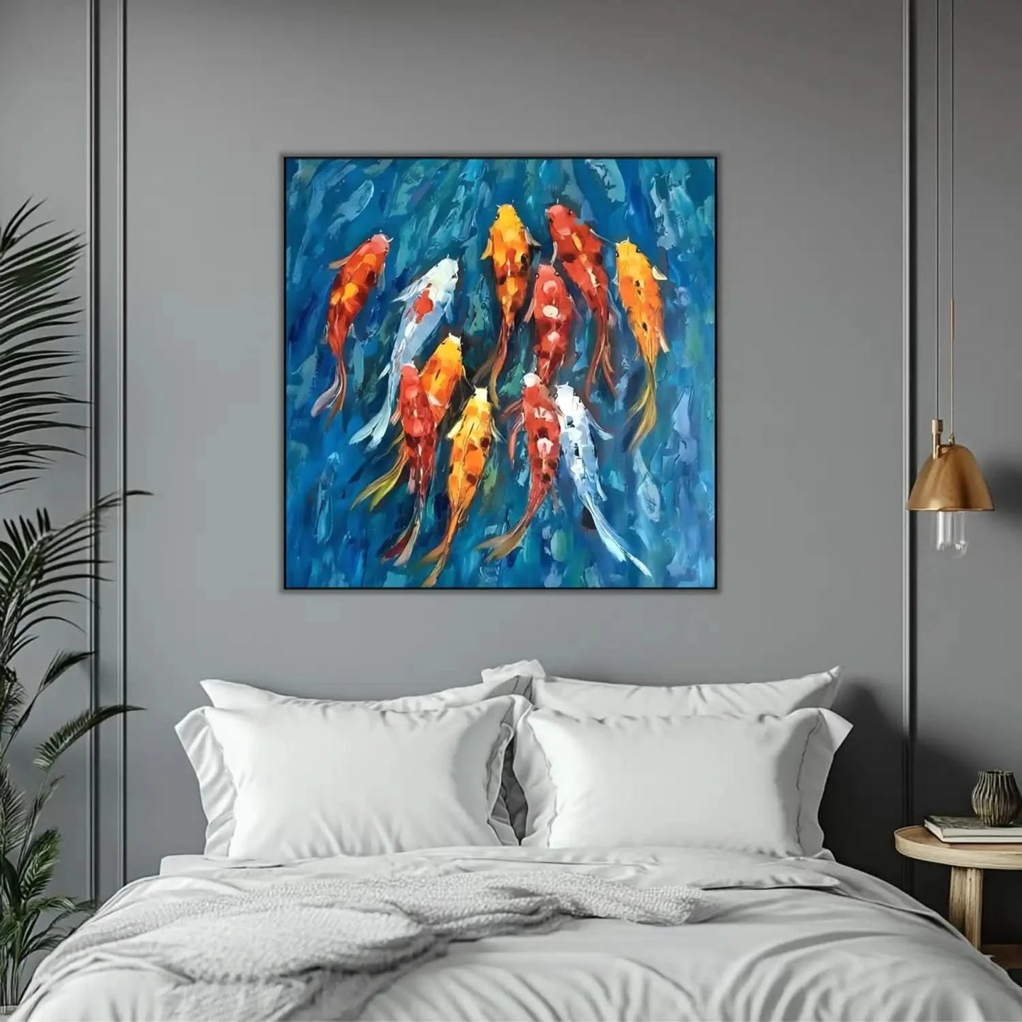 Peinture de carpes koï aux teintes rouges, oranges et blanches, nageant dans des eaux bleu profond, ambiance sereine et dynamic.