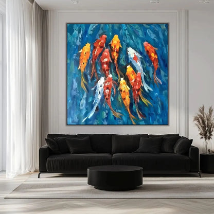 Peinture de carpes koï aux teintes rouges, oranges et blanches, nageant dans des eaux bleu profond, ambiance sereine et dynamic.
