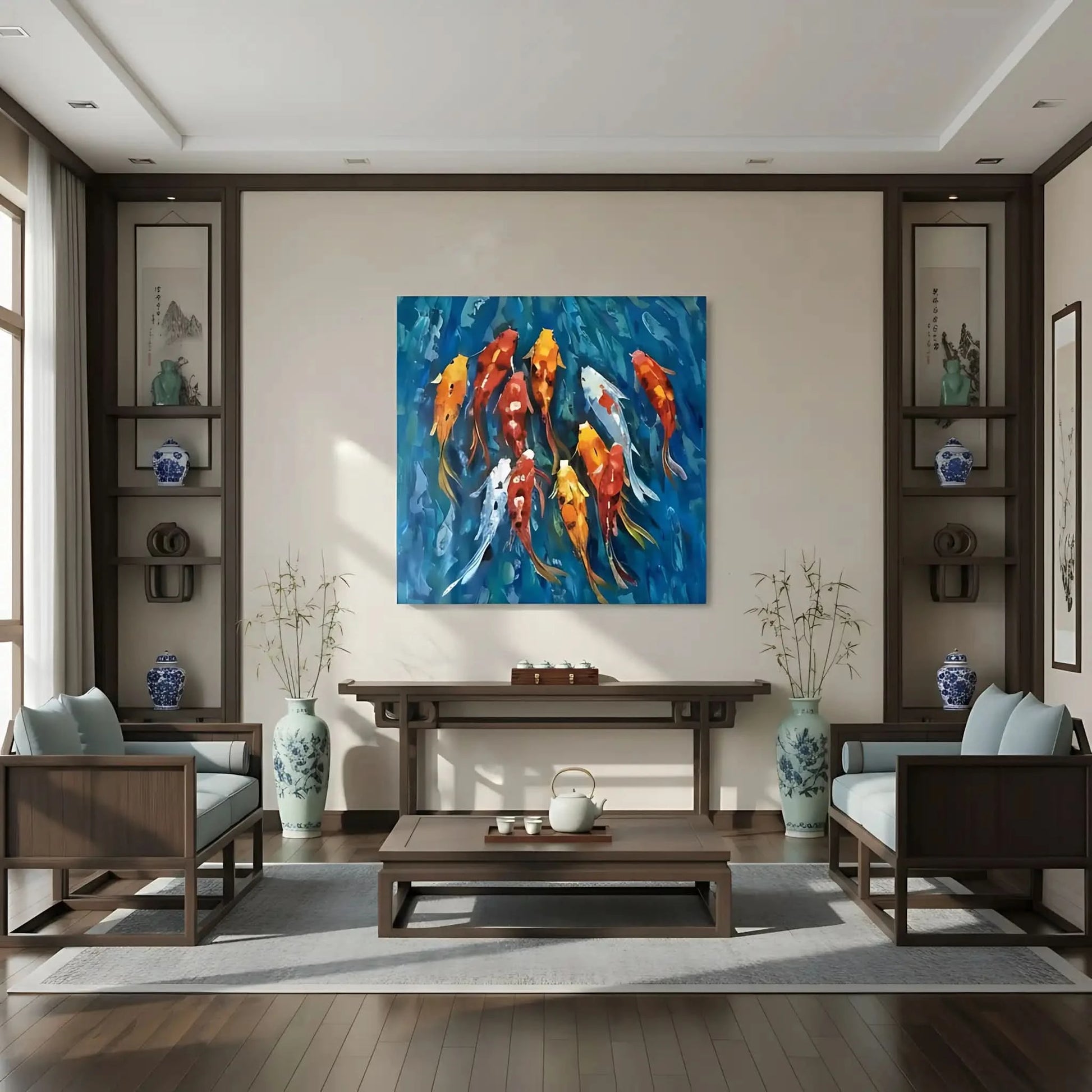 Peinture de carpes koï aux teintes rouges, oranges et blanches, nageant dans des eaux bleu profond, ambiance sereine et dynamic.