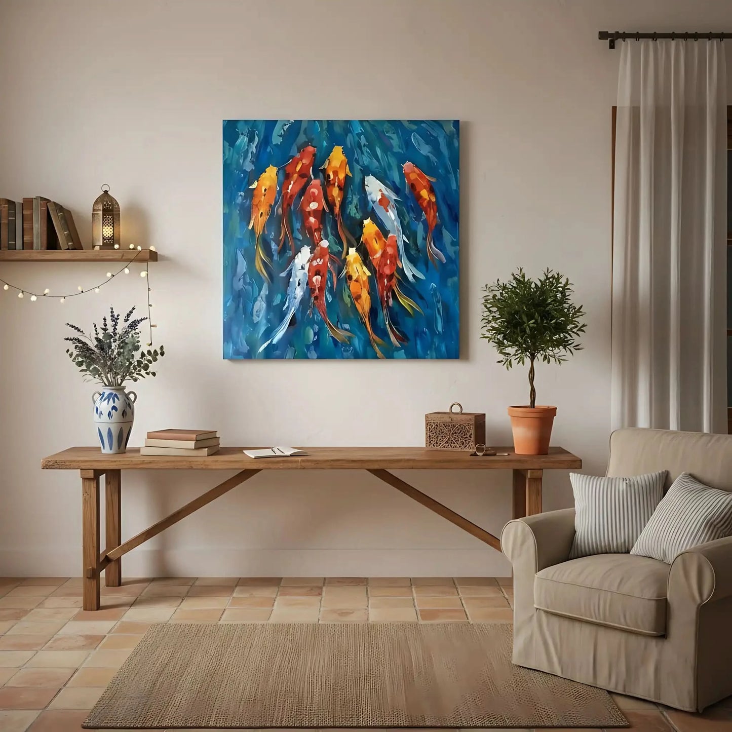 Peinture de carpes koï aux teintes rouges, oranges et blanches, nageant dans des eaux bleu profond, ambiance sereine et dynamic.